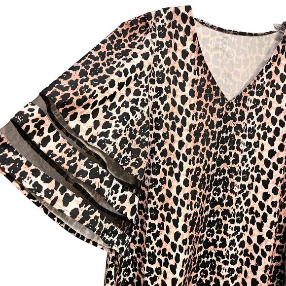 Luvamia V Neck 3/4 Bell Sleeve Animal Print Leopard Mesh Shirt Top - Picture 5 of 6
